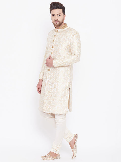 Vastramay Men's Beige And Gold Embroidered Brocade Sherwani Set